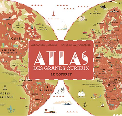 Beispielbild fr Atlas des grands curieux : Le coffret avec 1 atlas, 1 planisphre gant, 47 stickers, 30 cartes quiz zum Verkauf von medimops