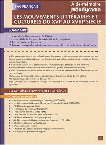 Beispielbild fr Les Mouvements Littraires Et Culturels Du Xvie Au Xviiie Sicle zum Verkauf von RECYCLIVRE