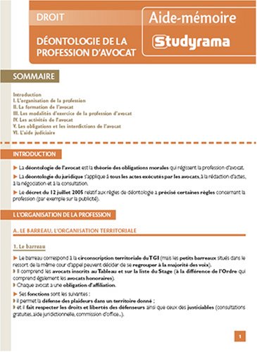 Imagen de archivo de Dontologie de la profession d'avocat a la venta por medimops