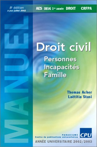 Beispielbild fr Droit civil, Personnes, Incapacits, Familles zum Verkauf von Ammareal