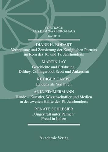 Vorträge aus dem Warburg-Haus. Bd. 8. Der Band enthält die 5 Vorträge: Diane H. Bodart: Verbreitung und Zensierung der Königlichen Porträts im Rom des 16. und 17. Jahrhunderts / Martin Jay: Geschichte und Erfahrung: Dilthey, Collingwood, Scott und Ankersmit / Rüdiger Campe: Evidenz als Verfahren. Skizze eines kulturwissenschaftlichen Konzepts / Anja Zimmermann: Hände - Künstler, Wissenschaftler und Medien in der zweiten Hälfte des 19. Jahrhunderts / Renate Schlesier: 