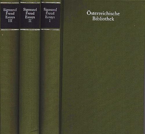 Beispielbild fr Essays. Drei Bnde: Band 1: Auswahl 1890 bis 1914; Band 2: Auswahl 1915 bis 1919; Band 3: 1920 bis 1937. Herausgegeben und mit einem Nachwort von Dietrich Simon. Mit Chronologie und Literatur. Entstehung und Quellen der vorliegenden Texte. Inhalt: Drei Abhandlungen zur Sexualtheorie; Totem und Tabu; Vorlesungen zur Einfhrung in die Psychoanalyse; Jenseits des Lustprinzips; Der Wolfsmann und vieles andere. - (=sterreichische Bibliothek). zum Verkauf von BOUQUINIST