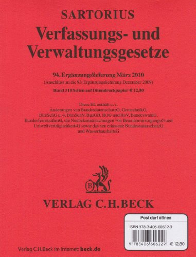 Verfassungs- und Verwaltungsgesetze 94. Ergänzungslieferung: Rechtsstand: 15. März 2010