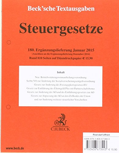 9783406673443: Steuergesetze 180. Ergnzungslieferung: Rechtsstand: 1. Januar 2015 (Texte und Tabellen)