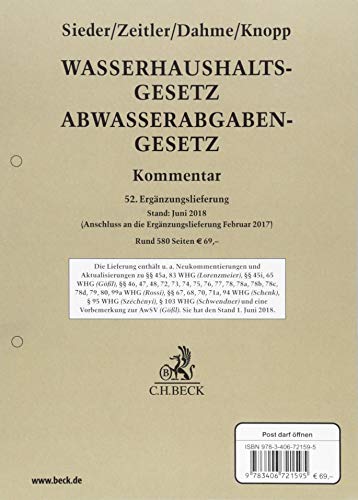 Beispielbild fr Wasserhaushaltsgesetz. Abwasserabgabengesetz. 52. Ergnzungslieferung : Rechtsstand: 1. Juni 2018 zum Verkauf von Buchpark