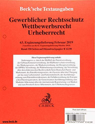 Stock image for Gewerblicher Rechtsschutz, Wettbewerbsrecht, Urheberrecht 63. Ergnzungslieferung: Rechtsstand: Februar 2019 for sale by medimops