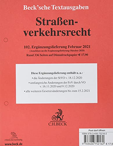 Stock image for Straenverkehrsrecht 102. Ergnzungslieferung: Rechtsstand: 15. Februar 2021 for sale by medimops