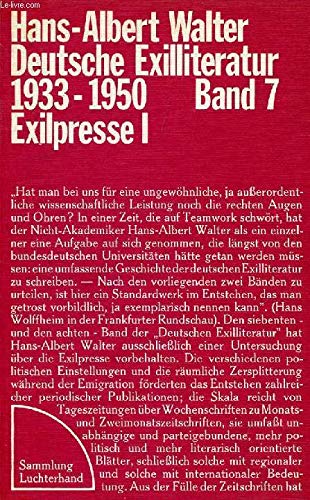 Beispielbild fr Deutsche Exilliteratur 1933 - 1950.Band 7 - Exilpresse I. SL136 zum Verkauf von Hylaila - Online-Antiquariat
