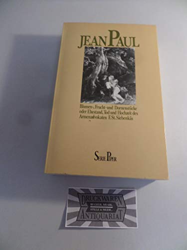 Beispielbild fr Blumen-, Frucht- und Dornenstcke oder Ehestand, Tod und Hochzeit des Armenadvokaten F. St. Siebenks von Jean Paul (Autor), Norbert. Miller (Herausgeber) Jean Paul (d. i. Johann Paul Friedrich Richter), 21.3.1763 Wunsiedel (Fichtelgebirge)-14.11.1825 Bayreuth. Der aus einer armen Pastoren- und Lehrerfamilie stammende J. P. wuchs in beengten, drftigen Verhltnissen in oberfrnkischen Drfern auf, besuchte 1779-80 das Gymnasium in Hof und studierte von 1781 an Theologie in Leipzig, ohne allerdings je die Absicht zu haben, Pfarrer zu werden. 1784 kehrte er auf der Flucht vor seinen Leipziger Glubigern nach Hof zurck. Hier lebte er zunchst bei seiner Mutter, bis er von 1787-94 als Haus- und Privatlehrer in Oberfranken seinen Lebensunterhalt verdienen konnte. Der mit dem Erfolg des 'Hesperus' pltzlich einsetzende Ruhm brachte ihm, neben enthusiastischen Briefen von Verehrern und v. a. Verehrerinnen, 1796 eine Einladung nach Weimar, wo er sich mit Charlotte v. Kalb, dem Ehepaar Herder zum Verkauf von BUCHSERVICE / ANTIQUARIAT Lars Lutzer