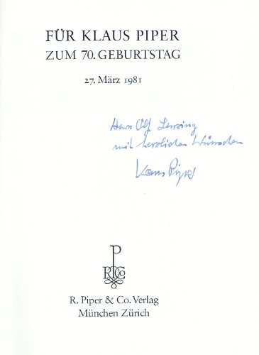 Beispielbild fr Fr Klaus Piper zum 70. Geburtstag. 27. Mrz 1981. zum Verkauf von ABC Antiquariat, Einzelunternehmen