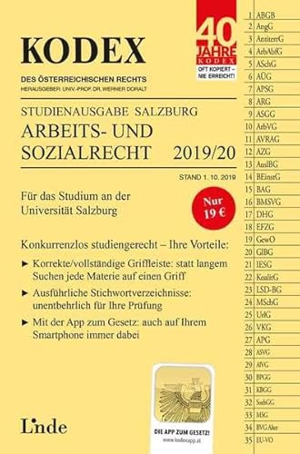 Beispielbild fr KODEX Studienausgabe Arbeits- und Sozialrecht 2019/20: Studienausgabe fr die Universitt Salzburg zum Verkauf von medimops