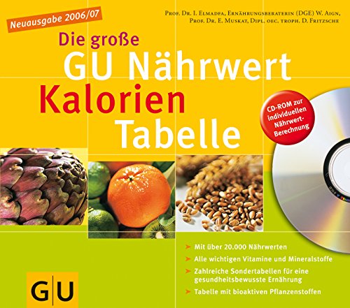 Stock image for Die groe GU Nhrwert-Kalorien-Tabelle MIT CD-ROM Mit ber 20.000 Nhrwerten. Alle wichtigen Vitamine und Mineralstoffe. Zahlreiche Sondertabellen fr eine gesundheitsbewusste Ernhrung. Tabelle mit wichtigen bioaktiven Pflanzenstoffen. Button: CD-ROM zur individuellen Nhrwert-Berechnung Ibrahim Elmadfa (Autor), Waltraute Aign (Autor), Erich Muskat Die grosse GU Nhrwert-Kalorien-Tabelle Erfahrene Ernhrungswissenschaftler und Ernhrungsfachkrfte der Universitten Wien und Gieen haben mit diesem Nhrwert-Tabellenbuch eine unentbehrliche Hilfe fr alle geschaffen, die mit Ernhrungsfragen zu tun habenob beruflich - wie Ditassistentinnen, Ernhrungsberaterinnen, Ernhrungswissenschaftler, rzte und Kchenleiter -, ob als Patienten, die eine Dit einbehalten mssen, oder ob einfach als ernhrungsbewute Menschen unserer Zeit. Die GROSSE GU-Nhrwert-Tabelle bietet wertvolle Informationen ber alle wichtigen Inhaltsstoffe unserer Nahrung und enthlt eine Vielzahl von Sondertabellen sowi for sale by BUCHSERVICE / ANTIQUARIAT Lars Lutzer