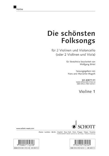 Die schönsten Folksongs: 2 Violinen und Violoncello (Viola). Violine 1. : Einzelstimme - Violine 1 - Wolfgang Birtel