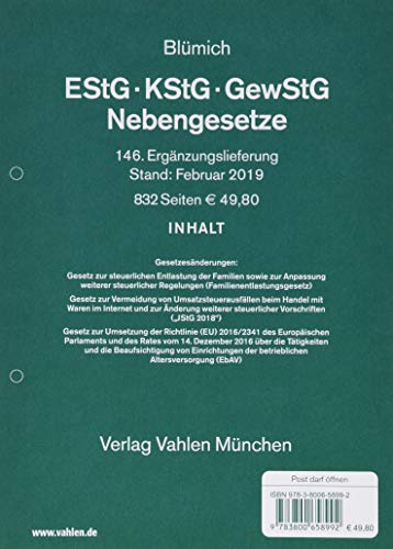 Imagen de archivo de EStG, KStG, GewStG 146. Erg?nzungslieferung: Rechtsstand: Februar 2019 a la venta por Reuseabook