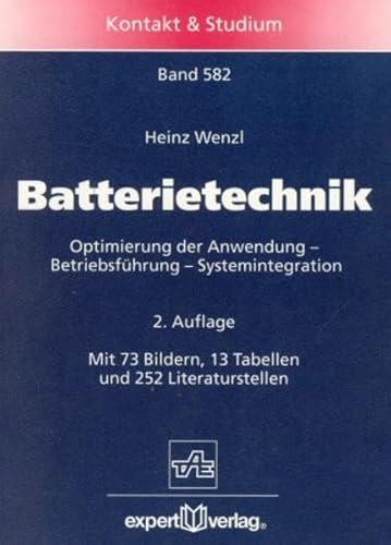 Beispielbild fr Batterietechnik: Optimierung der Anwendung - Betriebsfhrung - Systemintegration Blei- Batterie Nickel-Cadmium-Batterien Elektrotraktion Starten Motoren Bordnetze Energiespeicher Netzersatzanlage Wilfried J Bartz, Elmar Wippler und Heinz Wenzl Das Buch erlutert die grundstzlichen Zusammenhnge bei Batteriesystemen und fhrt die Vielfalt der Batteriekennlinien auf wenige, einfache Prinzipien zurck. Alle Betriebsbedingungen, die vom Anwender beeinflusst werden knnen und einen Einfluss auf die Kapazitt und Lebensdauer der Batterie haben, werden ausfhrlich besprochen, und es werden Empfehlungen formuliert. Die wichtigsten Anwendungen industriell eingesetzter Blei- und Nickel-Cadmium-Batterien (Elektrotraktion, Starten von Motoren und Bordnetzen, Energiespeicher fr Netzersatzanlagen) werden dargestellt. Neben den konventionellen Anwendungen werden auch Ausblicke auf neue Entwicklungen gegeben, die die Anwendungseigenschaften verbessern knnen. zum Verkauf von BUCHSERVICE / ANTIQUARIAT Lars Lutzer