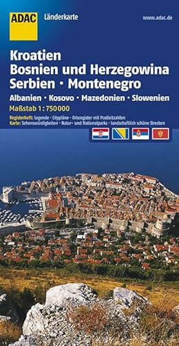 ADAC LänderKarte Kroatien, Bosnien und Herzegowina 1:750 000: Serbien, Montenegro, Albanien, Koso...