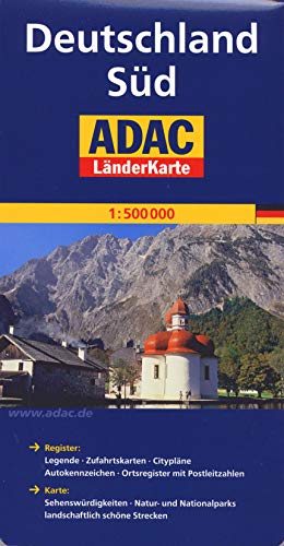 ADAC Länderkarte Süd-Deutschland 1:500.000: Register: Legende, Zufahrtskarten, Citypläne, Autokennzeichen, Ortsregister mit Postleitzahlen. Karte: . schöne Strecken (ADAC LänderKarten) - ADAC, Kartografie