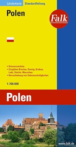 Falk Länderkarte Polen / Polska. 1 : 750.000 mit Ortsverzeichnis und Cityplänen Breslau, Danzig, Warschau, Krakau. - Falk.