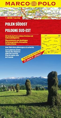 Straßenkarte: Polen Südost / Pologne Sud-Est / Polska Poludniowo-Wschodnia / Poland South East. Mit landschaftich schönen Strecken und Sehenswürdigkeiten. Übersichtskarte zum Ausklappen, Entfernungstabelle, Ortsregister, Cityplan Krakau. - Marco Polo.