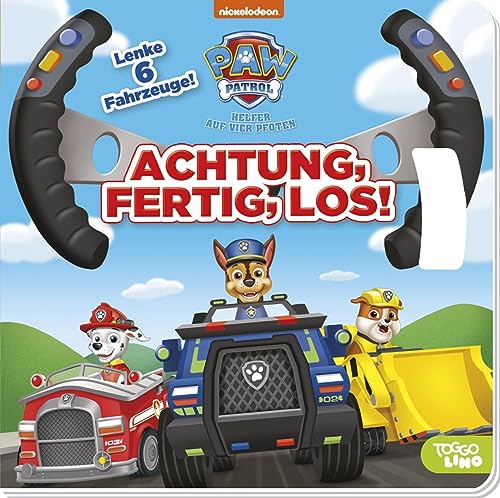 Stock image for PAW Patrol: Achtung, fertig, los! Lenke 6 Fahrzeuge!: Pappbilderbuch mit Lenkrad und Pop-up-Armaturenbrett auf jeder Seite for sale by medimops