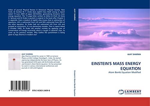 EINSTEIN'S MASS ENERGY EQUATION: Atom Bomb Equation Modified (9783838324098) by SHARMA, AJAY