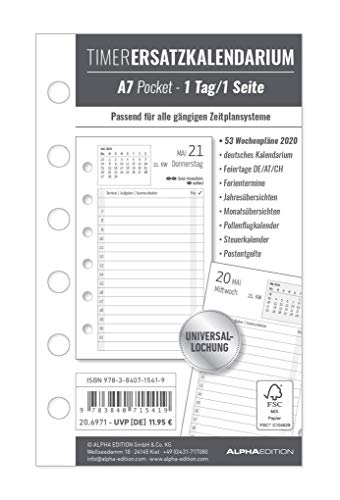 Beispielbild fr Timer Ersatzkalendarium A7 2020 - Brokalender - Buchkalender A7 (8 x 13) - Universallochung - 1 Tag 1 Seite - 352 Seiten zum Verkauf von medimops