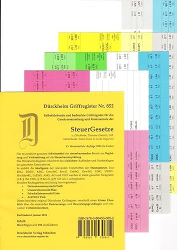 9783864530852: SteuerGesetze Griffregister Nr. 852 (2016/2017): 256 selbstklebende und farbig bedruckte Griffregister *** 14. NEUAUFLAGE 2017 ist erschienen ISBN 9783864531217***