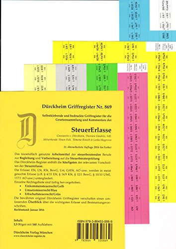Beispielbild fr STEUERERLASSE Drckheim-Griffregister Nr. 869 (2017): 160 selbstklebende und farbig bedruckte Griffregister fr die SteuerErlasse zum Verkauf von Buchmarie