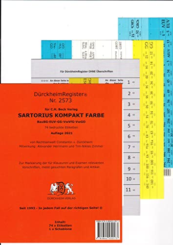 9783864532573: DrckheimRegister SARTORIUS KOMPAKT-Farbe (2020) Gesetze und : 72 Registeretiketten (sog. Griffregister) fr den SARTORIUS, C.H. Beck Verlag , Paragrafennummerierung BauGB-EUV-GG-VwVfG-VwGO