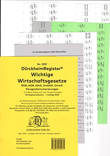 Beispielbild fr DrckheimRegister WICHTIGE WIRTSCHAFTSGESETZE 2022 (BGB, HGB, GmbHG, AktG, UmwG)  und Gesetze ohne Stichworte: 155 Registeretiketten (sog. . In jedem Fall auf der richtigen Seite zum Verkauf von Revaluation Books