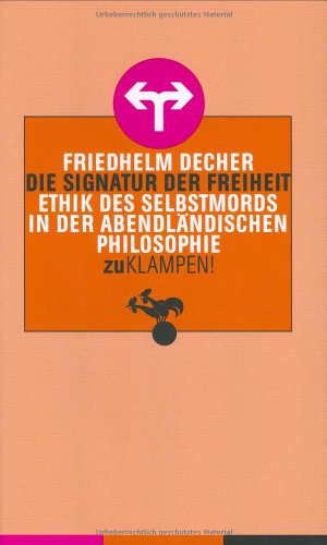 Beispielbild fr Die Signatur der Freiheit: Ethik des Selbstmords in der abendlndischen Philosophie [Gebundene Ausgabe] von Friedhelm Decher (Autor) Philosophie Germanistik Psychologie Erziehungswissenschaft Lehrbeauftragter Universitt Siegen Dozent Erwachsenenbildung sich selbst tten Argumentationsstrnge Erlaubtheit der Selbstttung Philosophiegeschichte 1. Der Mensch hat sein Leben einer anderen Instanz als sich selbst zu verdanken, etwa einer gttlichen. Was er nicht selbst geschaffen hat, darf er aber nicht einfach zerstren. Ergo ist Selbstmord moralisch verboten. 2. Der Mensch hat einen freien Willen, durch den er nur im Verhltnis zu anderen Personen moralisch gebunden ist, im Verhltnis zu sich selbst aber nicht. Ergo ist Selbstmord erlaubt Haltung der Philosophen zum Selbstmordproblem Suizid Selbstttung Freitod zum Verkauf von BUCHSERVICE / ANTIQUARIAT Lars Lutzer