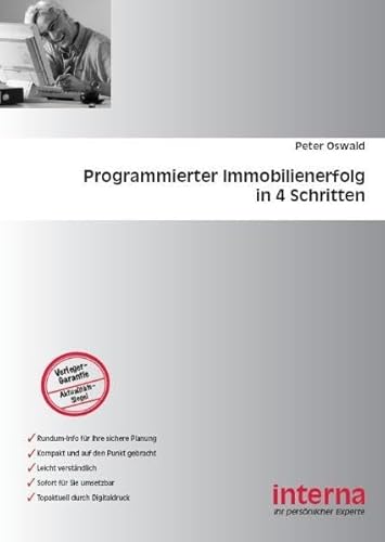 Beispielbild fr Programmierter Immobilienerfolg in 4 Schritten von Peter Oswald Mir gefllt an diesem Buch, da ich einen breiten berblick erhalten konnte, welche doch sehr unterschiedlichen Wege (Kapitel "Strategien") es gibt, um dauerhaft einen hohen Mietertrag und eine hohe Rendite mit dem nicht immer einfachen Geschft der Vermietung zu erzielen. Die groe Anzahl von Arbeitsformularen und Kalkulationsschemas halfen mir bei der Umsetzung des Gelesenen in meine persnliche Arbeitspraxis. Die fachlichen Aussagen und Anleitungen waren sehr anschaulich und gut nachvollziehbar, weil sie vom ersten bis zum letzten Kapital anhand eines Immobilienbeispiels konkretisiert und vorgefhrt wurden. Da das Buch im groen DIN A4 -Format gedruckt ist, war es fr meine etwas altersschwachen Augen auch lesefreundlich gestaltet. Interna Aktuell zum Verkauf von BUCHSERVICE / ANTIQUARIAT Lars Lutzer