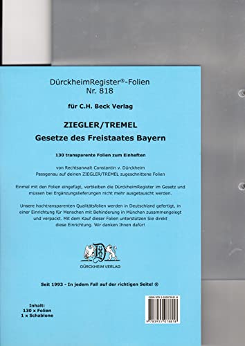 9783935078818: 130 DrckheimRegister -FOLIEN fr den ZIEGLER TREMEL, Gesetze des Freistaates Bayern