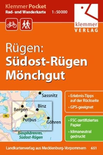 Stock image for Klemmer Pocket Rad- und Wanderkarte Rgen: Sdost-Rgen, Mnchgut: GPS geeignet, Erlebnis-Tipps auf der Rckseite. 1:50000 for sale by medimops