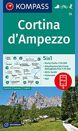 9783990444795: 55 Cortina D'ampezzo 1: 50.000: 5in1 Wanderkarte 1:50000 mit Panorama, Aktiv Guide und Detailkarten inklusive Karte zur offline Verwendung in der KOMPASS-App. Fahrradfahren. Skitouren.