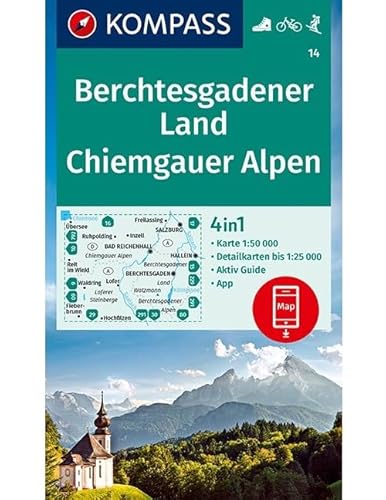 KOMPASS Wanderkarte 14 Berchtesgadener Land, Chiemgauer Alpen 1:50.000: 4in1 Wanderkarte mit Aktiv Guide und Detailkarten inklusive Karte zur offline . in der KOMPASS-App. Fahrradfahren. Skitouren. - KOMPASS-Karten, GmbH