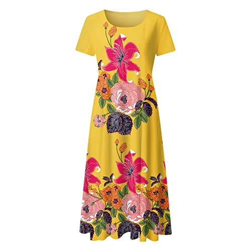 9788495846327: Long Dress with Pockets Women Summer Casual Short Sleeve Floral Printed Crew Plus Size Long Evening Dresses Orange