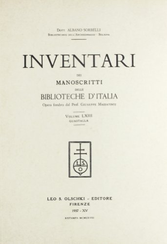 9788822213297: INVENTARI DEI MANOSCRITTI DELLE BIBLIOTECHE D'ITALIA. VOL. 63