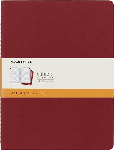 Moleskine Cahier Journal, Soft Cover, XL (7.5" x 9.5") Ruled/Lined, Cranberry Red (Set of 3)