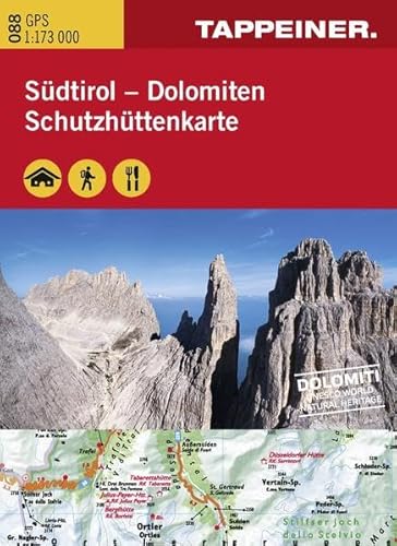 WAKA088 Schutzhüttenkarte Südtirol Dolomiten - GPS kompatibel - Topografische Straßenkarte 1:173.000 - Tappeiner
