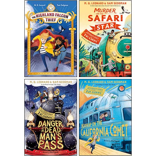 Stock image for Adventures on Trains Collection 4 Books Set By M. G. Leonard Sam Sedgman (Danger at Dead Mans Pass, Murder on the Safari Star, Kidnap on the California Comet The Highland Falcon Thief) for sale by Big River Books