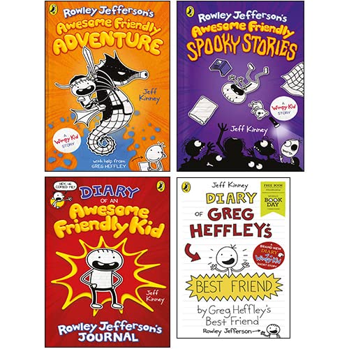 Stock image for Jeff Kinney Collection 4 Books Set (Diary of an Awesome Friendly Kid, Rowley Jefferson's Awesome Friendly Adventure,Awesome Freindly Spookystories, Diary of Greg Heffley's Best Friend) for sale by Books Unplugged