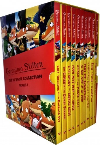 Stock image for Geronimo Stilton Collection 10 Books Gift Set (The Lost Treasure of the Emerald Eye, The Curse of the Cheese Pyramid, Cat and Mouse in a Haunted House, Four Mice Deep in the Jungle, Attack of the Pirate Cats, I m Too Fond of My Fur, Paws Off Cheddarface, A Fabumouse Holiday for Geronimo, Fangs and Feasts in Transratania, Hang On to Your Whiskers) for sale by Revaluation Books