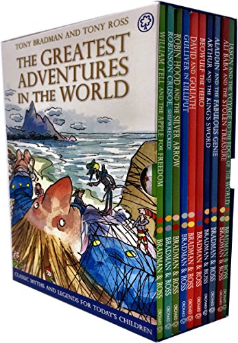 Stock image for World Classic Children Adventure Illustrated Stories - 10 Books Collection Box Set By Tony Bradman and Tony Ross (Jason And The Voyage To The Edge Of The World, Ali Baba And The Stolen Treasure, Aladdin And The Fabulous Genie, Arthur And The King's Sword, Beowulf the Hero, David and Goliath, Robin Hood And The Silver Arrow, Robinson Crusoe Shipwrecked, William Tell And The Apple For Freedom) (Classics Myth and Legends For Today's Children) for sale by Revaluation Books