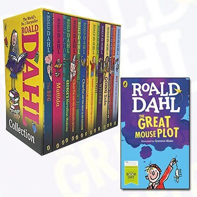 Stock image for Roald Dahl Collection 15 Books With World Book Day 2016 The Great Mouse Plot Bundle (The Magic Finger, James and the Giant Peach, Charlie and the Chocolate Factory, Matilda, Going Solo, Fantastic Mr Fox, The Twits, Danny the Champion of the World, George's Marvellous Medicine, The BFG, Esio Trot, Boy: Tales of Childhood, Charlie and the Great Glass Elevator, The Witches, The Giraffe and the Pelly and Me) for sale by Revaluation Books