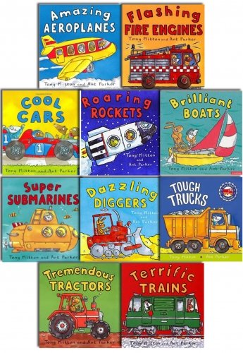 Stock image for Amazing Machines Collection Tony Mitton 10 Books Bundle (Amazing Aeroplanes, Brilliant Boats, Cool Cars, Dazzling Diggers, Flashing Fire Engines, Roaring Rockets, Super Submarines, Terrific Trains, Tough Trucks, Tremendous Tractors) for sale by Revaluation Books