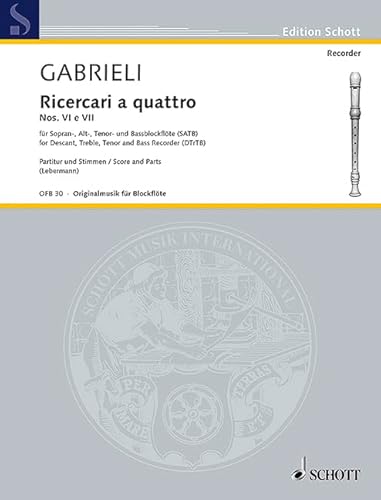 Stock image for Ricercari: a quattro Nos. VI e VII. 4 Blockflten (SATB). Partitur und Stimmen. (Edition Schott) for sale by medimops