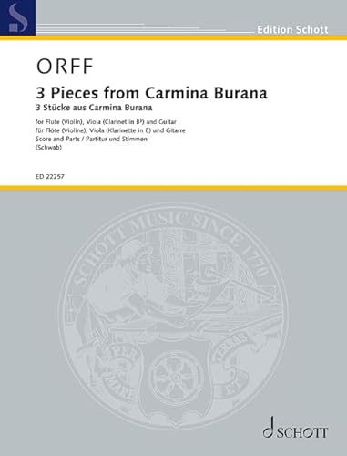 Stock image for 3 Stcke aus Carmina Burana: Uf dem anger - In trutina - Were diu werlt alle min. Flte (Violine), Viola (Klarinette) und Gitarre. Partitur und Stimmen. (Edition Schott) for sale by medimops