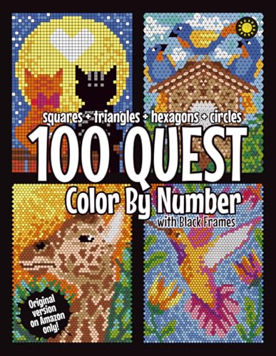 9798372172869: 100 QUEST Color By Number: Squares + Triangles + Hexagons + Circles (BLACK backgrounds): color quest activity book for adults