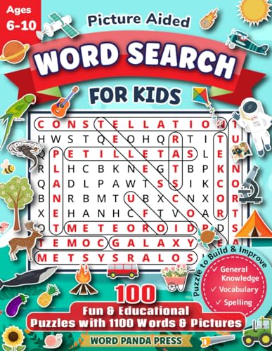 Beispielbild fr Word Search for Kids with Pictures : 100 Fun and Educational Wordsearch Puzzle Book with 1100 Words and Images for Coloring - Brain Booster Activity Book for Kids Ages 6-8, 8-10 and Smart Children Ages 4-6 zum Verkauf von Better World Books